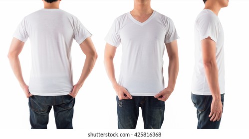 Young man with blank white shirt isolated white background, on front back and side - Shutterstock ID 425816368