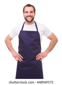 Young Man With Blue Apron On White Background