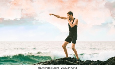 young man boxing against the backdrop of the sea - Powered by Shutterstock