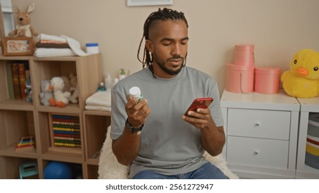 Young man with braids using smartphone in cozy living room checking medication information with shelves and stuffed toys background. - Powered by Shutterstock