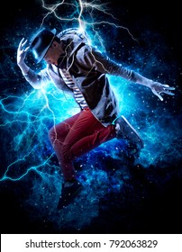 Young man break dancing on electricity light background