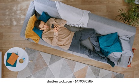 Young Man in Brown Jumper and Grey Jeans Comes and Lies Down on a Sofa, Using a Smartphone. He is Happy and Smiles. Cozy Living Room with Modern Interior with Plants, Table and Wooden Floor. Top View.