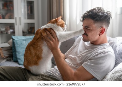 young man and brown and white cat play together in the living room