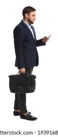 Young Man In Business Attire With Bag And Mobile Phone On White Background