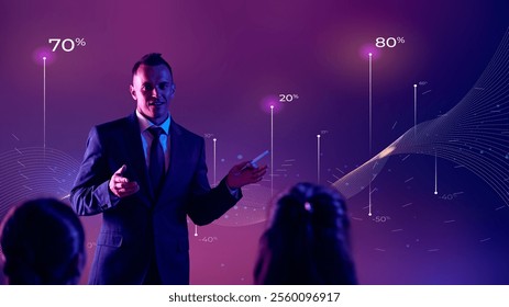 Young man, business leader presents key data trends with colorful bar graphs during formal meeting. Concept of presentation, training, meeting, leadership, analysis. Copy space for ad. - Powered by Shutterstock