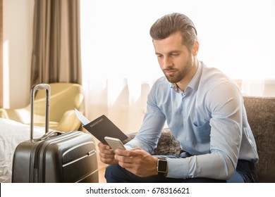 Young Man Business Traveler Hotel Room Accomodation