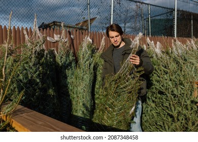 Young Man Buying Christmas Tree At An Outside Christmas Market In New York