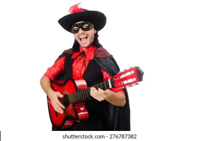 Young man in carnival coat  with guitar isolated on white