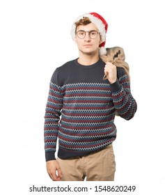 Young man at Christmas doing gestures