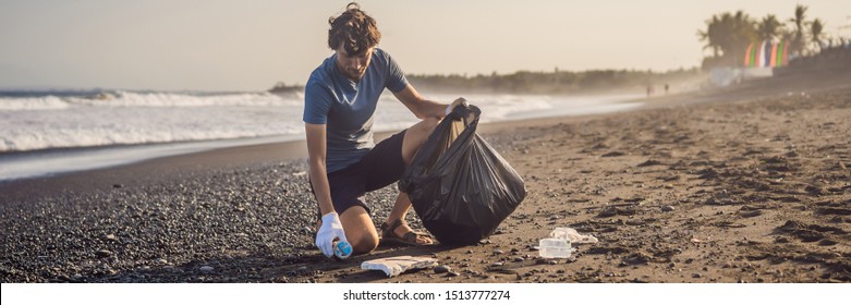 Young man cleaning up the beach. Natural education of children BANNER, LONG FORMAT - Powered by Shutterstock