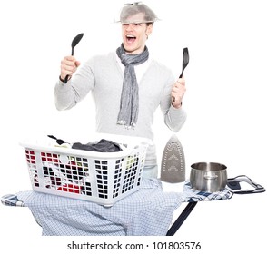 young man completely overwhelmed with household - isolated on white background - Powered by Shutterstock