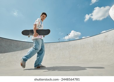 A young man confidently walking in a skate park, holding his skateboard under the bright sun. - Powered by Shutterstock