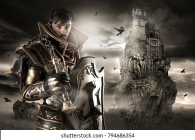 Young Man Cosplaying With Fantasy Knight Costume Over A Fantasy Landscape