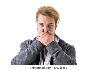 Young Man Covering Mouth Hands Stock Photo 410765281 | Shutterstock