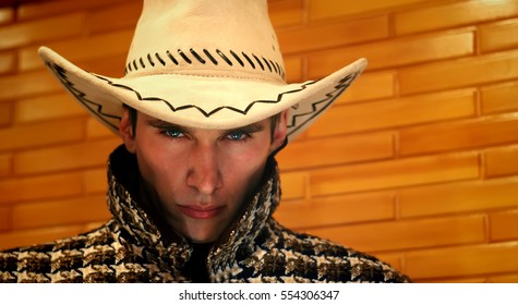young man with cowboy hat retro style photo indoors   