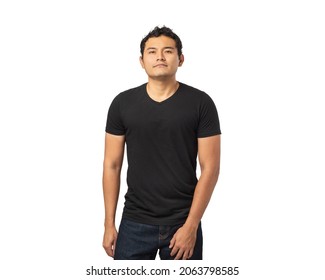 Young Man, Dark Skin, Hispanic, Mexican, Latino, With Chinese Hair Wearing Black Shirt And Jeans, On White Background