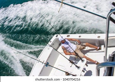 Young Man In Deep Sea Fishing Boat Off Key West Florida USA Circa July 2010