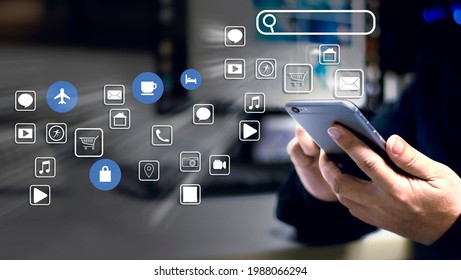 A Young Man With A Desk With A Computer, Keyboard And Phone To Work. And Use The Internet To Search For Online Shopping, Travel, Travel, Eating Icon Technology Comprehensive Modern Technology