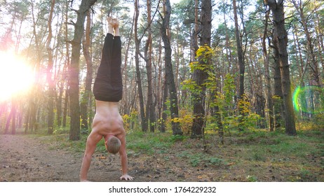 Young Man Doing Handstand At Beautiful Sunny Forest. Strong Gymnast Training In Scenic Environment. Athlete Showing Yoga Exercises Outdoor. Concept Of Healthy And Active Lifestyle. Slow Mo Close Up