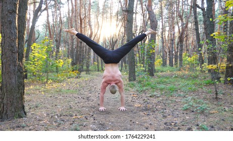 Young Man Doing Handstand At Beautiful Sunny Forest. Strong Gymnast Training In Scenic Environment. Athlete Showing Yoga Exercises Outdoor. Concept Of Healthy And Active Lifestyle. Slow Mo Close Up