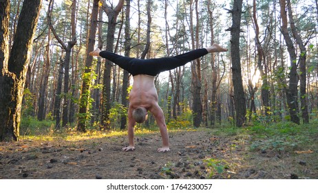 Young Man Doing Handstand At Beautiful Sunny Forest. Strong Gymnast Training In Scenic Environment. Athlete Showing Yoga Exercises Outdoor. Concept Of Healthy And Active Lifestyle. Slow Mo Close Up