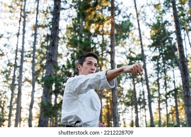 Young Man Doing Karate Forest Training Stock Photo 2212228709 ...