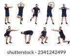 Young man doing morning exercises on white background, collage design