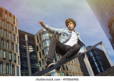 Young Man Doing Parkour In The City