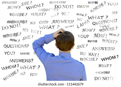 A Young Man With Doodle Question Words Floating In The Background