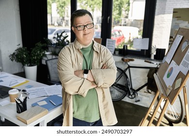 A young man with Down syndrome stands confidently with arms crossed in a bright office space. - Powered by Shutterstock