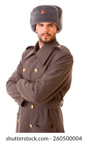 Young Man Dressed As Russian Military, Studio Picture