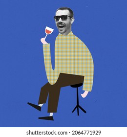 Young man drinking wine on bright blue background. Contemporary creative art collage, Modern design, Inspiration, idea, trendy urban magazine style, fashion and style. Copyspace for your text or ad.