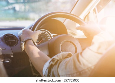 Young Man Driving Car.vintage Tone