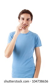 young man eating cookies or biscuits