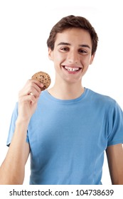 young man eating cookies or biscuits