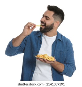 Young Man Eating French Fries On White Background