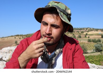 Young Man Eating Grapes In The Vineyard