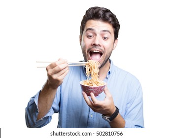 Young Man Eating Sushi On White Background