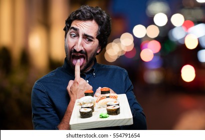 Young Man Eating Sushi. Vomit Sign