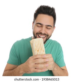 Young Man Eating Tasty Shawarma Isolated On White