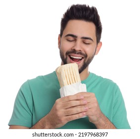 Young Man Eating Tasty Shawarma Isolated On White