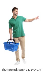 Young Man With Empty Shopping Basket Isolated On White