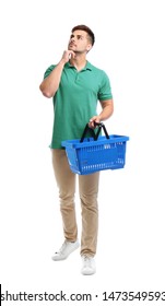 Young Man With Empty Shopping Basket Isolated On White