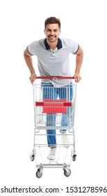 Young Man With Empty Shopping Cart On White Background