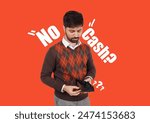 Young Man with Empty Wallet on Red Background with No Cash. Unhappy Indian guy looking into empty wallet. Financial Struggle Concept. Man Watching Empty Wallet. No Money Concept. No Salary depression