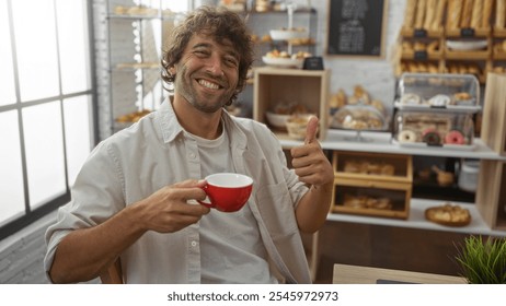 Young man enjoying coffee indoors at a bakery, surrounded by fresh pastries and breads, giving a thumbs-up while smiling attractively in a cozy shop setting - Powered by Shutterstock