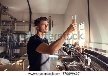 Young man examining the quality of craft beer at brewery. Male inspector working at alcohol manufacturing factory checking the beer.