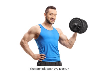 Young Man Exercising Bodybuilding With A Dumbbell Isolated On White Background