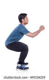 Young Man  Exercising Fitness Workout Lunges Crouching Isolated On White Background