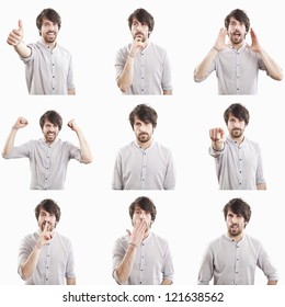 Young Man Face Expressions Composite Isolated On White Background